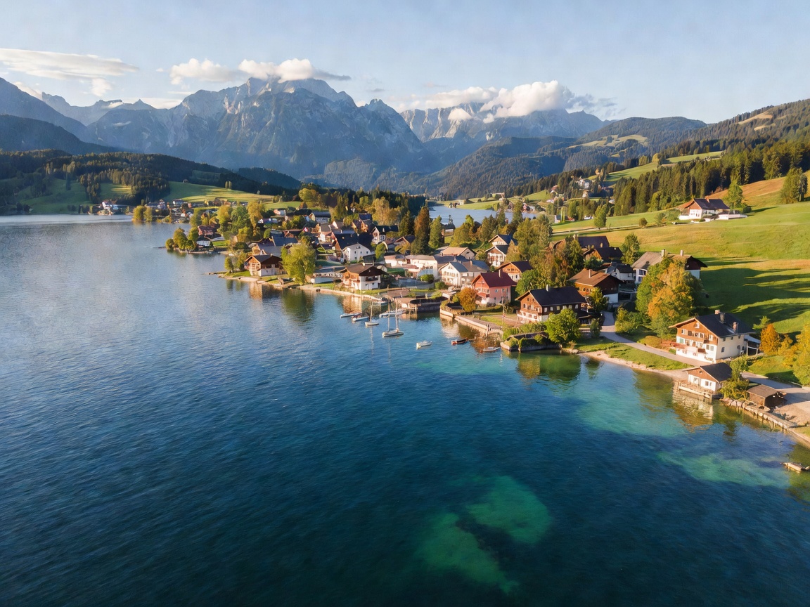 Aerial panorama of Wolfgangsee showing St Gilgen and Strobl shorelines