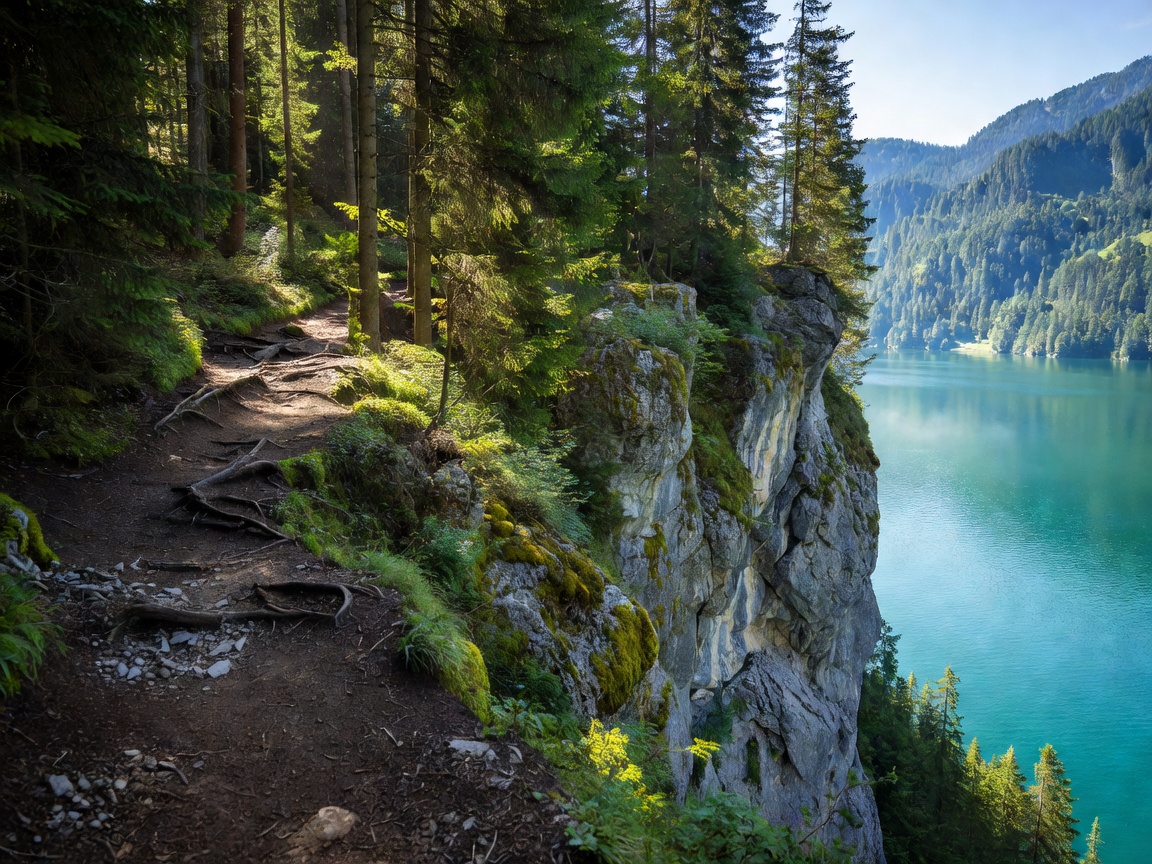 Forested hiking path along the rugged Falkenstein cliff above Lake Wolfgang