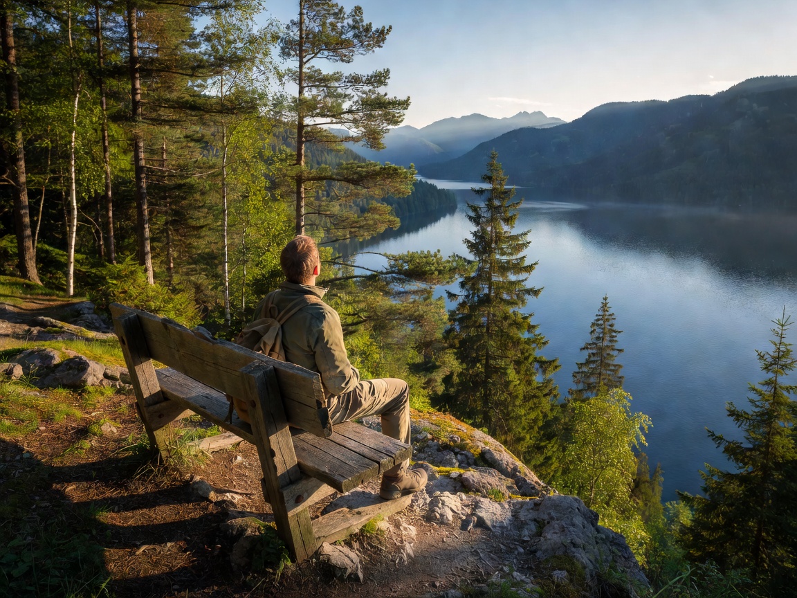 Hiker overlooking Lake Wolfgang from a high wooden bench on a scenic forest ridge