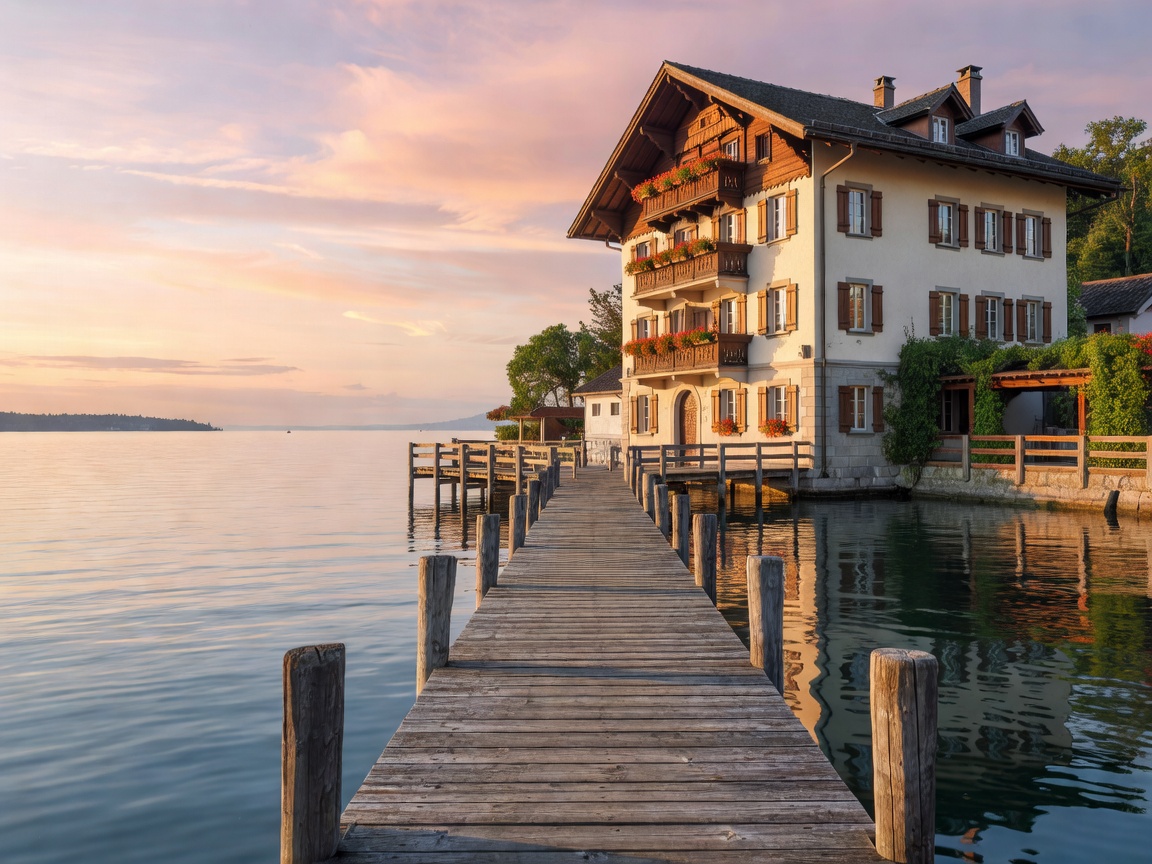 Lake Wolfgang waterfront wooden pier and historic hotel façade