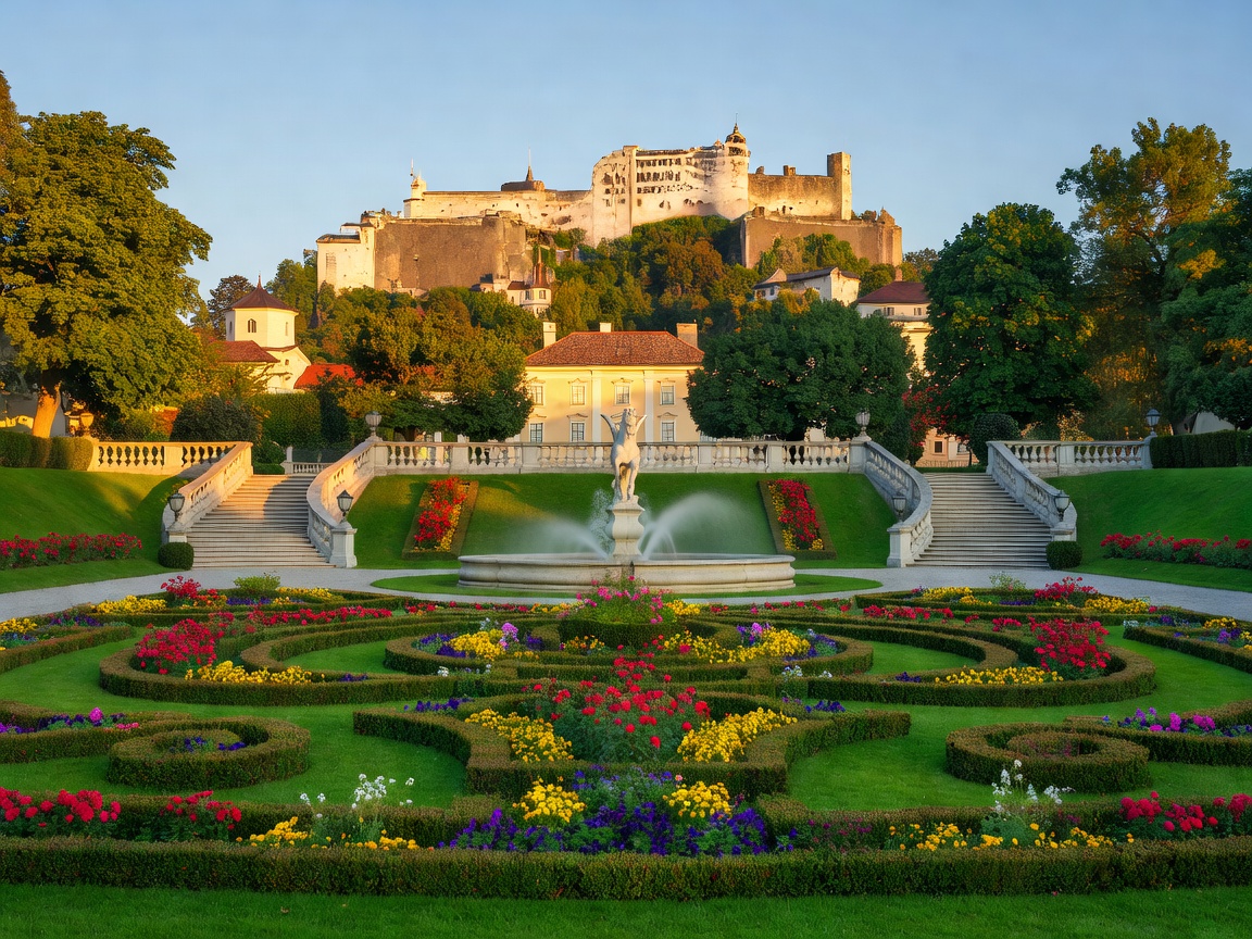 Mirabell Gardens in Salzburg with Hohensalzburg Fortress in the background