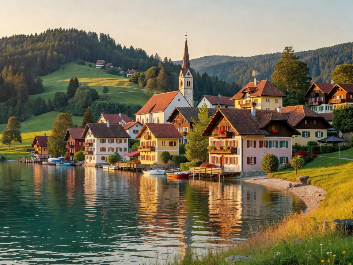 Panoramic view of St Gilgen village and Wolfgangsee shoreline