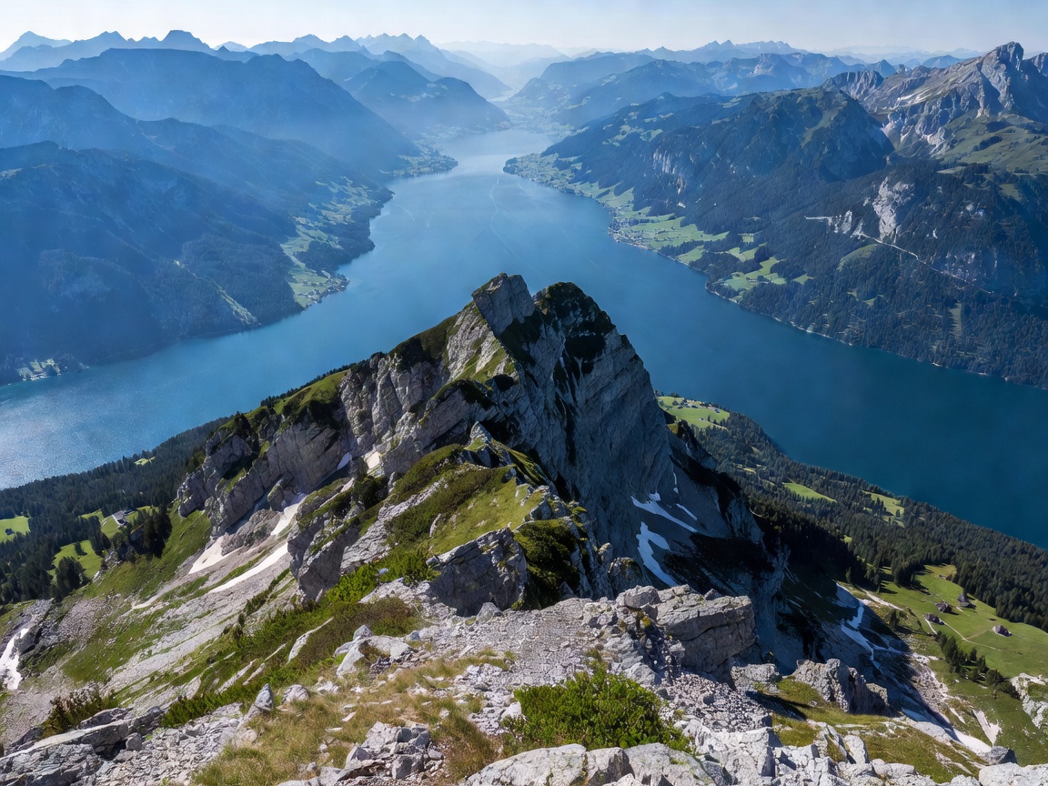 View looking down over Lake Wolfgang from the high mountain ridge of the Schafberg