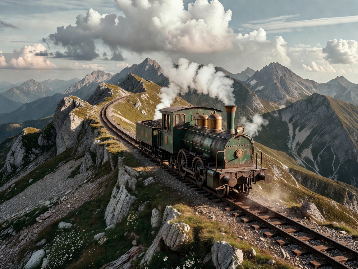 Vintage cogwheel railway engine climbing Schafberg mountain ridge